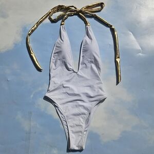 Sexy One Piece Cutout White & Gold Plunge Swimsuit Brazilian Style Swim
